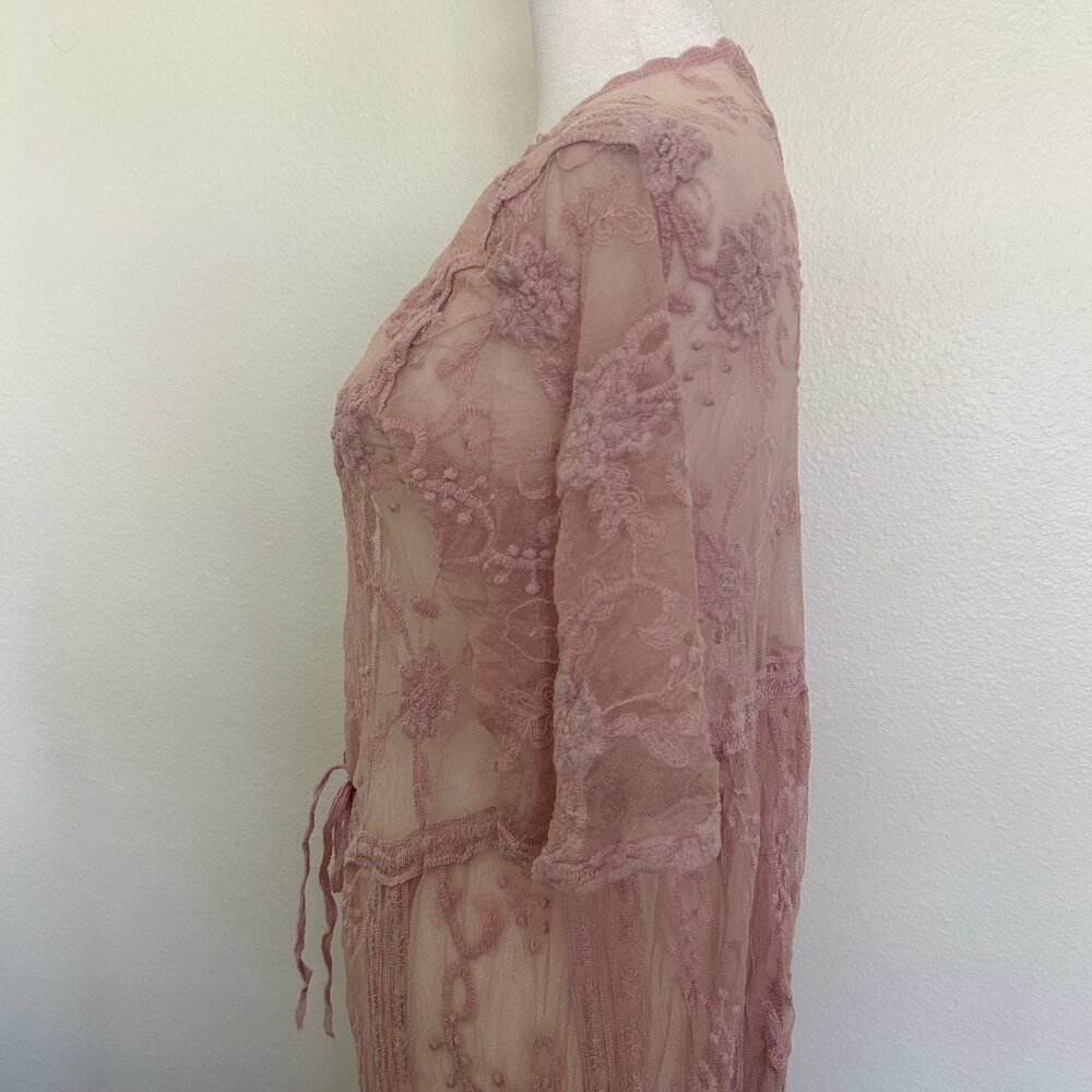 Forgotten Grace Pink Lace Cardigan Duster Tie Front Romantic Boho Topper Sheer - Picture 4 of 7